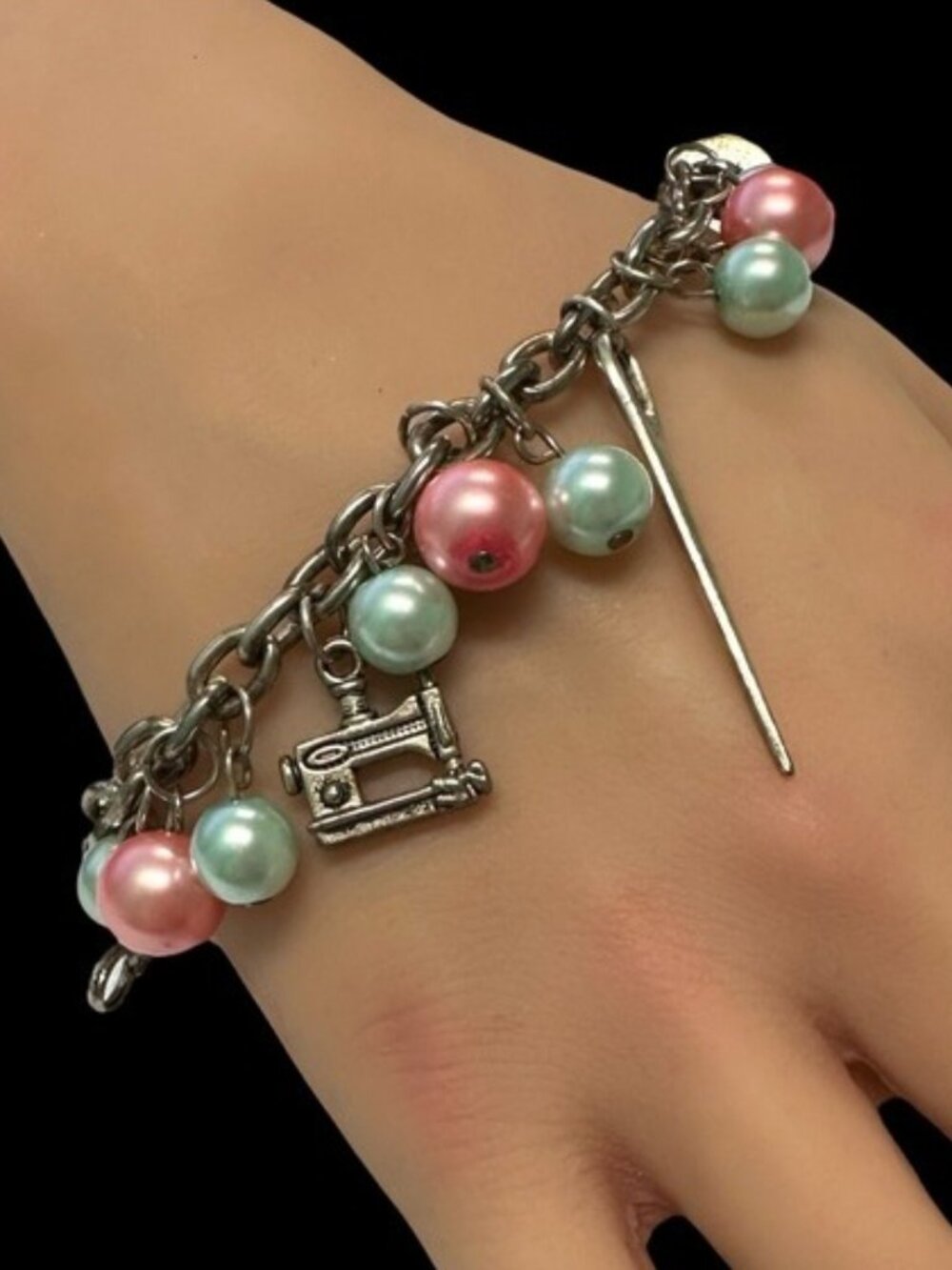 Artisan Made Bracelet Sewing Theme Charms Silver Tone Pink Green Beaded